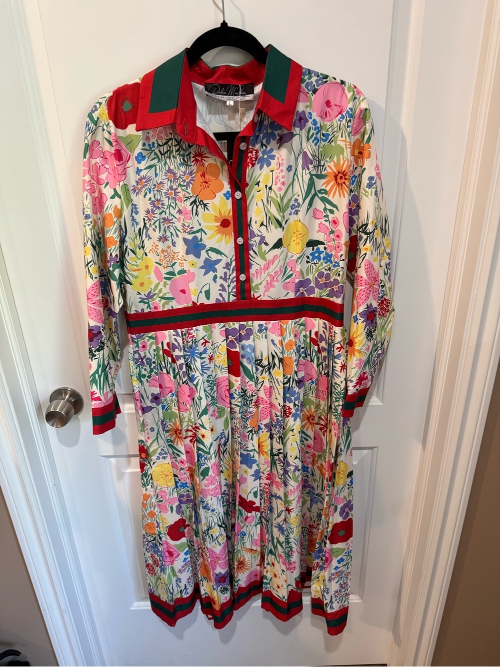 Floral Button-Front Midi Dress with Red & Green Trim
